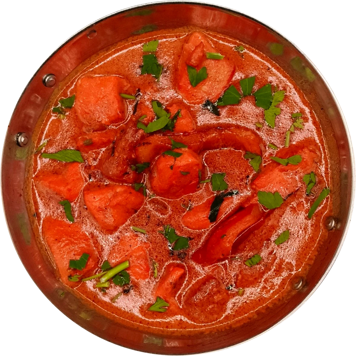 Chicken tikka masala într-un karahi de oțel, văzut de sus